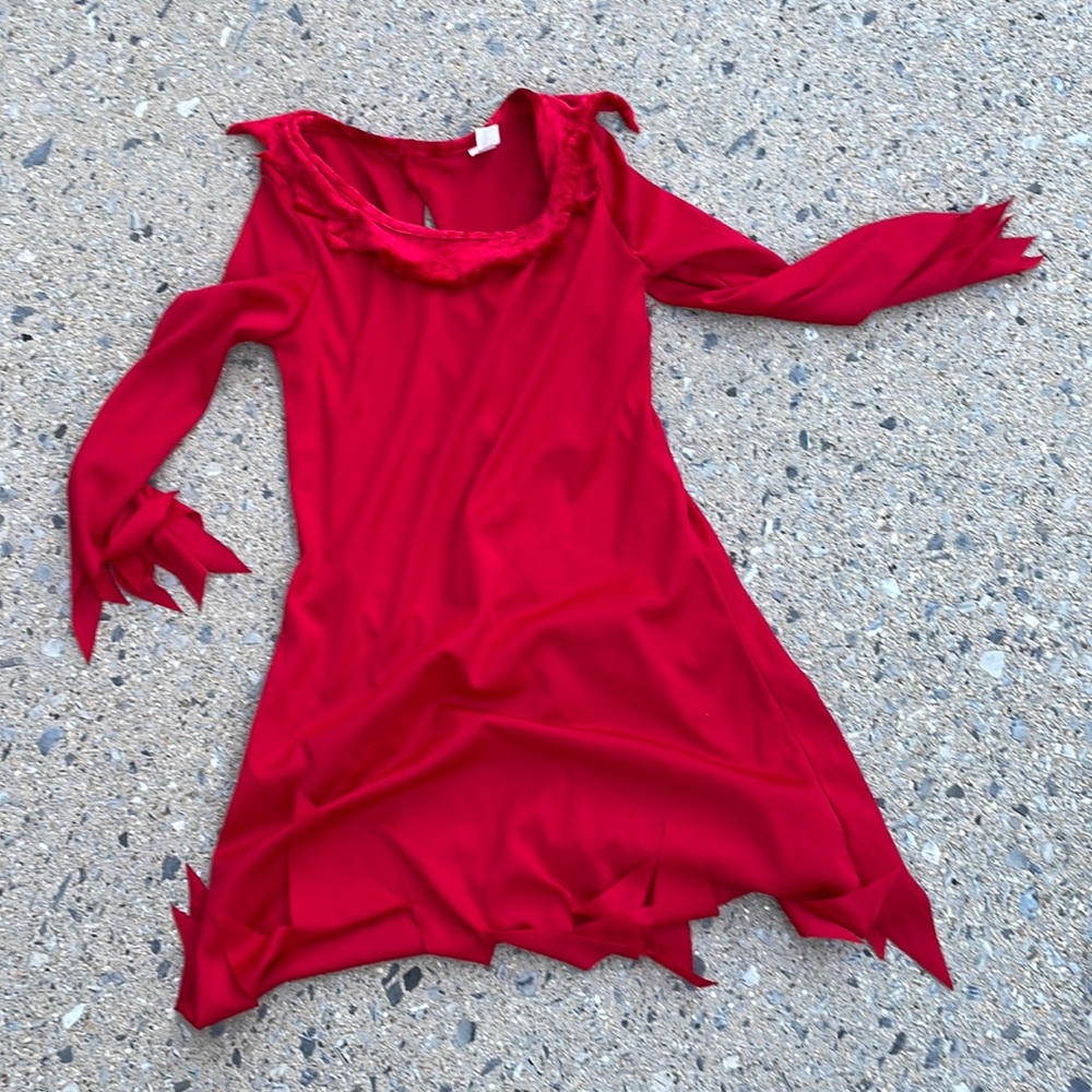 Fire costume, red dress, with flame accents around the collar, bottom, sleeves
